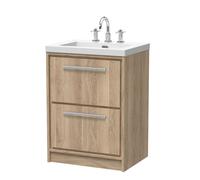 Balterley Longnor 2 Drawer Floor Standing Vanity Unit With 3 Tap Hole Modern Fireclay Basin, Light Oak, 600mm