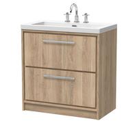 Balterley Longnor 2 Drawer Floor Standing Vanity Unit With 3 Tap Hole Modern Fireclay Basin, Light Oak, 800mm