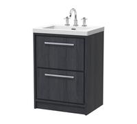 Longnor 2 Drawer Floor Standing Vanity Unit with 3 Tap Hole Modern Fireclay Basin, Woodgrain Graphite Grey, 600mm