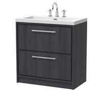 Longnor 2 Drawer Floor Standing Vanity Unit with 3 Tap Hole Modern Fireclay Basin, Woodgrain Graphite Grey, 800mm