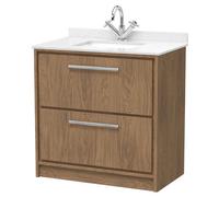 Longnor 2 Drawer Floor Standing Vanity Unit with Square Basin and Marble Worktop, Antique Oak, 800mm