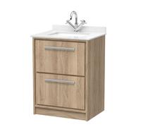 Longnor 2 Drawer Floor Standing Vanity Unit with Square Basin and Marble Worktop, Light Oak, 600mm