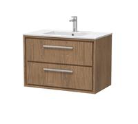 Longnor 2 Drawer Wall Hung Vanity Unit with 1 Tap Hole Minimalist Basin, Antique Oak, 800mm