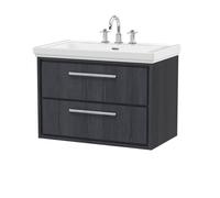 Longnor 2 Drawer Wall Hung Vanity Unit with 3 Tap Hole Traditional Fireclay Basin, Woodgrain Graphite Grey, 800mm