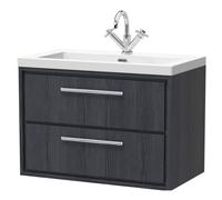 Longnor 2 Drawer Wall Hung Vanity Unit with 1 Tap Hole Modern Fireclay Basin, Woodgrain Graphite Grey, 800mm