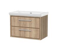 Longnor 2 Drawer Wall Hung Vanity Unit with 0 Tap Hole Traditional Fireclay Basin, Light Oak, 800mm