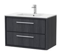 Longnor 2 Drawer Wall Hung Vanity Unit with 1 Tap Hole Minimalist Basin, Woodgrain Graphite Grey, 800mm