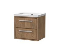 Balterley Longnor 2 Drawer Wall Hung Vanity Unit With 1 Tap Hole Modern Fireclay Basin, Antique Oak, 600mm