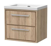 Longnor 2 Drawer Wall Hung Vanity Unit with 1 Tap Hole Modern Fireclay Basin, Light Oak, 600mm