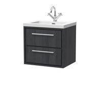 Balterley Longnor 2 Drawer Wall Hung Vanity Unit With 1 Tap Hole Modern Fireclay Basin, Woodgrain Graphite Grey, 600mm
