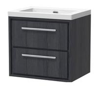 Balterley Longnor 2 Drawer Wall Hung Vanity Unit With 1 Tap Hole Modern Fireclay Basin, Woodgrain Graphite Grey, 600mm