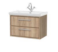 Longnor 2 Drawer Wall Hung Vanity Unit with 1 Tap Hole Traditional Fireclay Basin, Light Oak, 800mm
