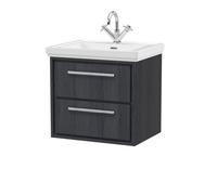 Longnor 2 Drawer Wall Hung Vanity Unit with 1 Tap Hole Traditional Fireclay Basin, Woodgrain Graphite Grey, 600mm