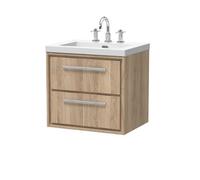 Longnor 2 Drawer Wall Hung Vanity Unit with 3 Tap Hole Modern Fireclay Basin, Light Oak, 600mm