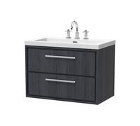 Longnor 2 Drawer Wall Hung Vanity Unit with 3 Tap Hole Modern Fireclay Basin, Woodgrain Graphite Grey, 800mm