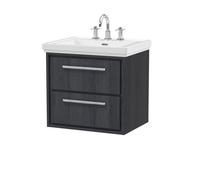 Balterley Longnor 2 Drawer Wall Hung Vanity Unit With 3 Tap Hole Traditional Fireclay Basin, Woodgrain Graphite Grey, 600mm