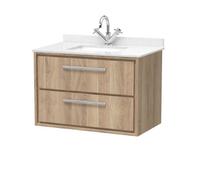 Longnor 2 Drawer Wall Hung Vanity Unit with Square Basin and Marble Worktop, Light Oak, 800mm