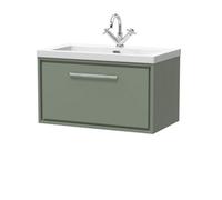 Balterley Longnor Modern Bathroom 1 Soft-Close Drawer Wall Hung Vanity Unit Fireclay Basin, Fern Green, 800mm