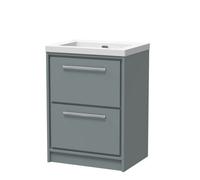 Balterley Longnor Modern Bathroom 2 Soft-Close Drawer Floor Standing Vanity Unit Fireclay Basin, Coastal Grey, 600mm