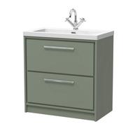 Balterley Longnor Modern Bathroom 2 Soft-Close Drawer Floor Standing Vanity Unit Fireclay Basin, Fern Green, 800mm