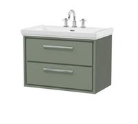 Balterley Longnor Modern Bathroom Wall Hung 2-Drawer Vanity Unit With Fireclay Basin, Fern Green, 800mm