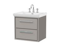 Balterley Longnor Modern Bathroom Wall Hung 2-Drawer Vanity Unit With Fireclay Basin, Pebble Grey, 600mm