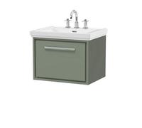 Balterley Longnor Modern Bathroom Wall Hung Single Drawer Vanity Unit With Fireclay Basin, Fern Green, 600mm