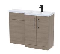 Balterley Mid Oak Bathroom Vanity Unit with Basin & WC, Black Handles, Right Hand, 1100mm x 390mm