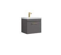 Balterley Millwich 1 Drawer Wall Hung Vanity Basin Unit - 500mm - Gloss Grey With Brushed Brass D-Shaped Handle (Tap Not Included)