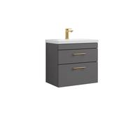 Balterley Millwich 2 Drawer Wall Hung Vanity Basin Unit - 600mm - Gloss Grey With Brushed Brass D-Shaped Handles (Tap Not Included)
