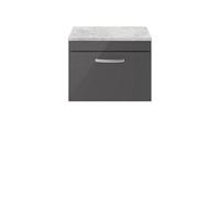 Balterley Millwich Contemporary 1 Drawer Wall Hung Vanity Unit With Laminate Black Galaxy Granite Worktop, Gloss Grey, 600mm