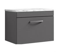 Balterley Millwich Contemporary 1 Drawer Wall Hung Vanity Unit With Laminate Carrara Marble Worktop, Gloss Grey, 600mm