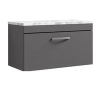 Balterley Millwich Contemporary 1 Drawer Wall Hung Vanity Unit With Laminate Carrara Marble Worktop, Gloss Grey, 800mm