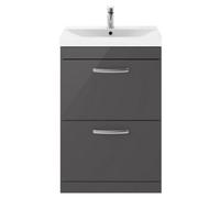 Balterley Millwich Contemporary 2 Drawer Floor Standing Vanity Unit With Thin Edge Basin, Gloss Grey, 600mm