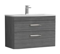 Balterley Millwich Contemporary 2 Drawer Wall Hung Vanity Unit With Curved Basin, Anthracite Woodgrain, 800mm