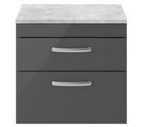 Balterley Millwich Contemporary 2 Drawer Wall Hung Vanity Unit With Laminate Black Galaxy Granite Worktop, Gloss Grey, 600mm