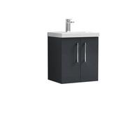 Balterley Modern Bathroom 2 Soft Close Door Wall Hung Vanity Unit & Rectangular Mid-Edge Basin, Dark Grey, 500 mm