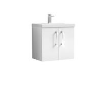 Balterley Modern Bathroom 2 Soft Close Door Wall Hung Vanity Unit & Rectangular Mid-Edge Basin, Gloss White, 600 mm in White Balterley White