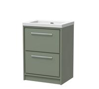 Balterley Modern Bathroom 2 Soft-Close Drawer Floor Standing Vanity Unit Fireclay Basin, Fern Green, 600mm