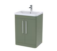 Modern Bathroom Floor Standing 2 Soft Close Door Vanity Basin Unit, Polymarble Basin, 600mm, Satin Green