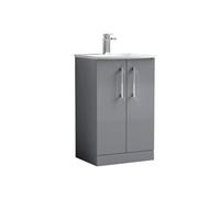 Balterley Level Modern Bathroom Floor Standing 2 Soft Close Door Vanity Unit & Curved Basin, Satin Grey, 500mm