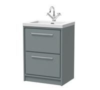 Balterley Longnor Modern Bathroom Floor Standing 2 Soft-Close Drawer, Fireclay Basin, Coastal Grey, 600mm