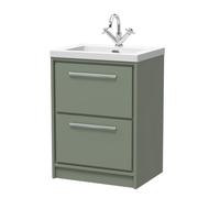 Balterley Longnor Modern Bathroom Floor Standing 2 Soft-Close Drawer Vanity Fireclay Basin, Fern Green, 600mm