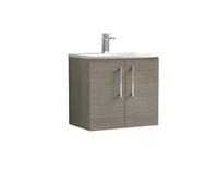 Balterley Level Modern Bathroom Wall Hung 2-Door Vanity & Curved Basin, Solace Oak, 600mm