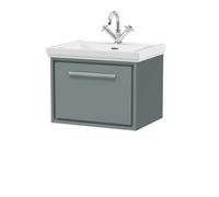 Balterley Modern Bathroom Wall Hung Single Drawer Vanity Unit With Fireclay Basin, Coastal Grey, 600mm