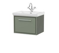 Balterley Modern Bathroom Wall Hung Single Drawer Vanity Unit With Fireclay Basin, Fern Green, 600mm
