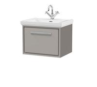 Balterley Modern Bathroom Wall Hung Single Drawer Vanity Unit With Fireclay Basin, Pebble Grey, 600mm