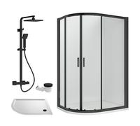 Balterley Offset Quadrant Shower Enclosure, Offset Quadrant Tray, Waste & Thermostatic Shower Kit, 6mm Toughened Safety Glass Door, Bar Handle Sliding Glass Door, Square Showerhead & Handset (Black)