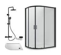 Balterley Offset Quadrant Shower Enclosure, Offset Quadrant Tray, Waste & Thermostatic Shower Kit, 6mm Toughened Safety Glass Door, Bar Handle Sliding Glass Door, Round Showerhead & Handset (Black)