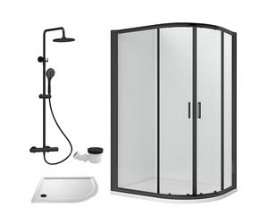 Balterley Offset Quadrant Shower Enclosure, Offset Quadrant Tray, Waste & Thermostatic Shower Kit, 6mm Toughened Safety Glass Door, Bar Handle Sliding Glass Door, Round Showerhead & Handset (Black)